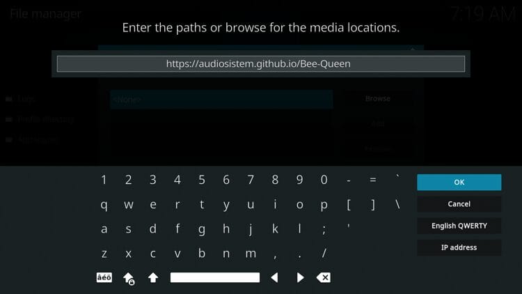 Type the following URL exactly how it is listed here - https://audiosistem.github.io/Bee-Queen and click OK