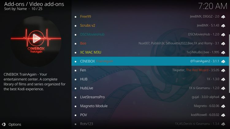 Locate Cinebox TrainAgain and click it