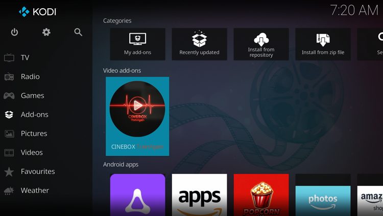 Then go back to the Home screen of Kodi and select Add-ons, then choose Cinebox TrainAgain