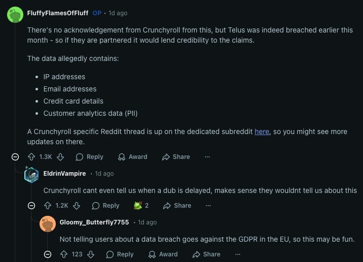 Reddit Thread on this Crunchyroll Breach