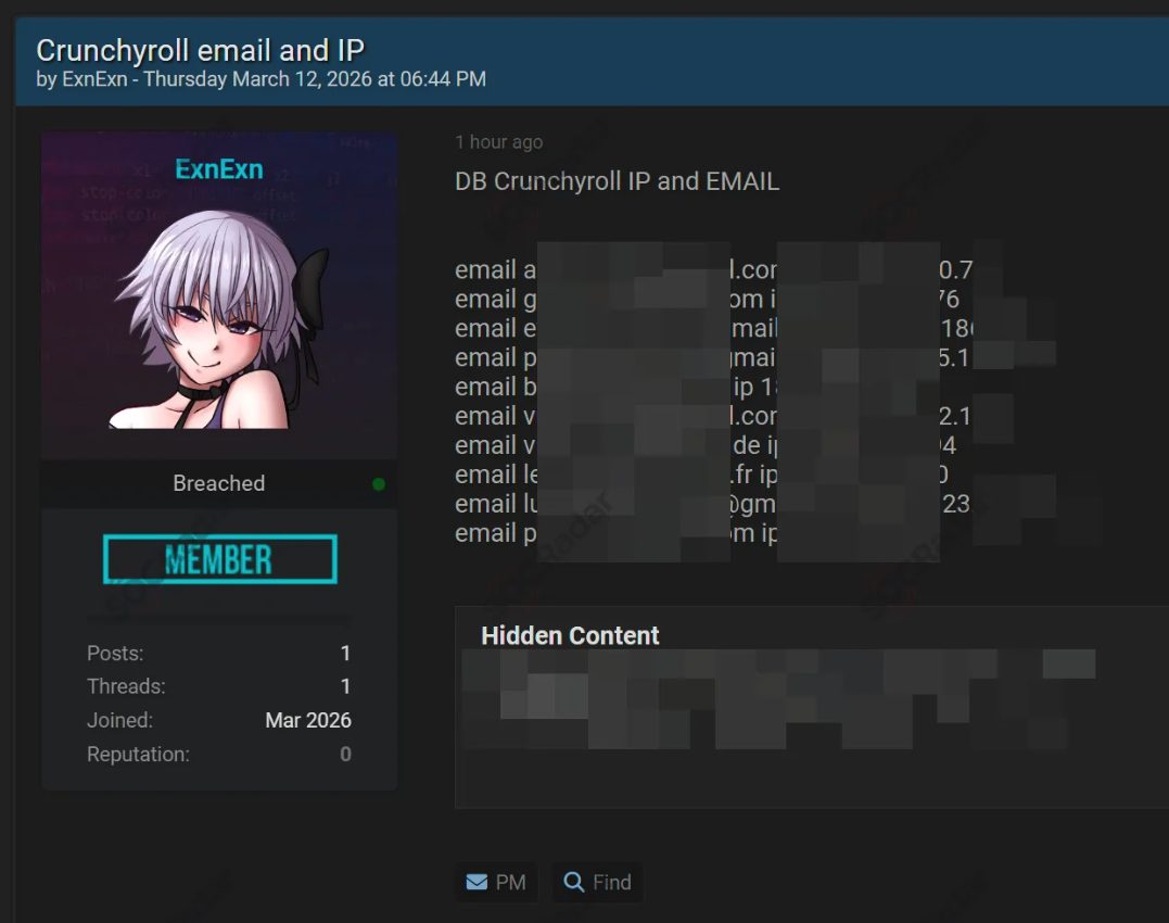 Crunchyroll Breach Details on a Hacker Forum