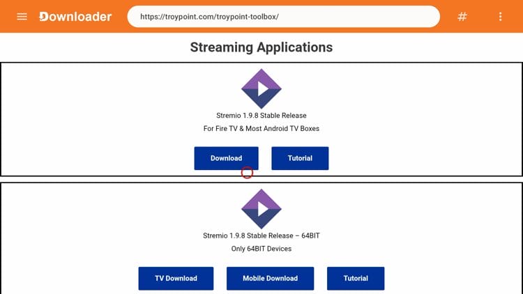 Moving my Cursor on Downloader to Install Stremio