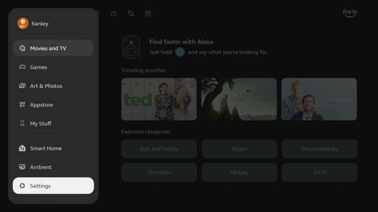 Return to the Fire TV home screen and click Settings on the bottom left.
