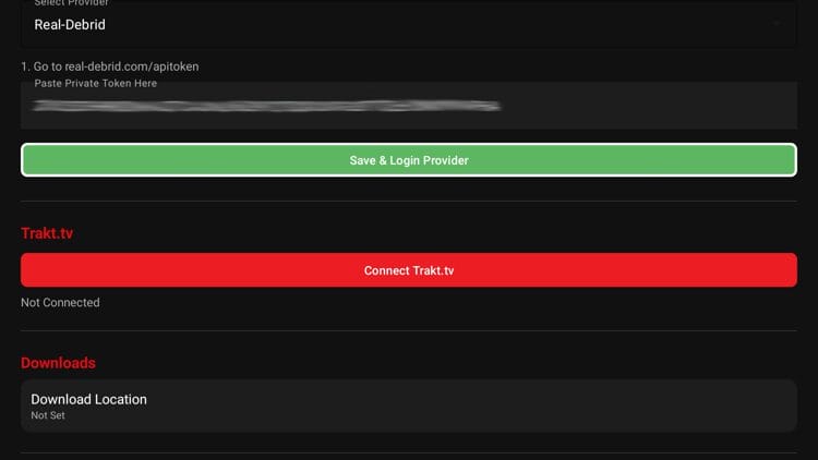 Paste your Real Debrid API token from the previous step and click Save & Login Provider.