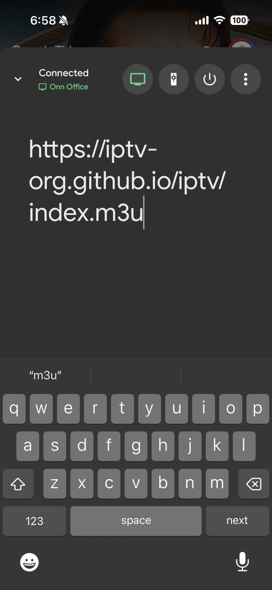 After finding an M3U playlist URL on our phone, we copied that URL and pasted it into our virtual remote on the Google TV app.