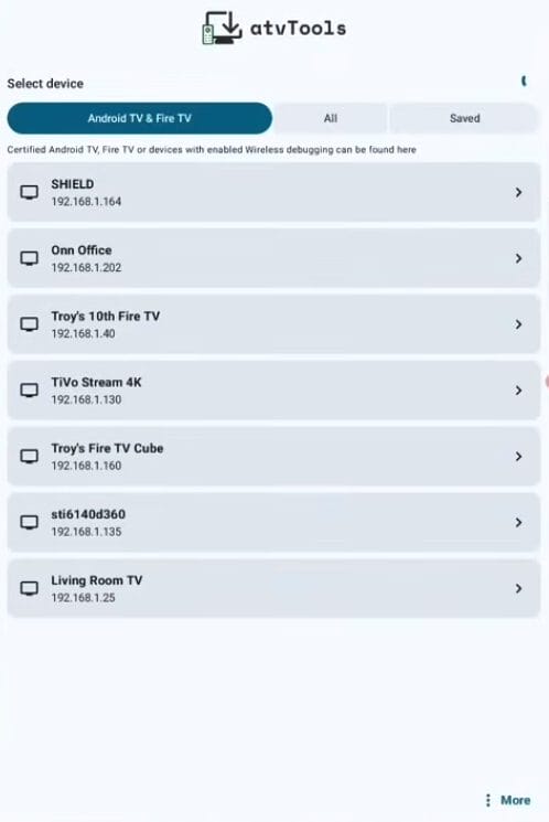 Launch the atvTools app on your Android or iOS device. We are using an Android tablet in this instance. Click the TiVo Stream 4K option.