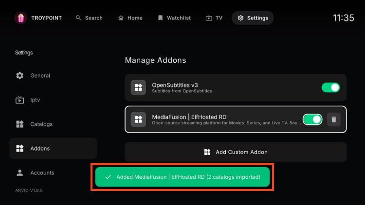 addon installed message will appear