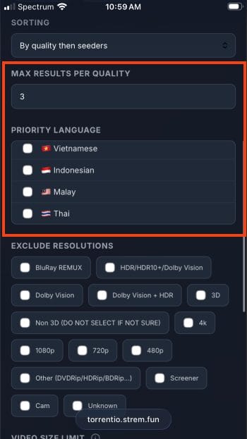 choose your preferred language and max results per quality