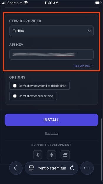 choose debrid provider for torrentio and input api key