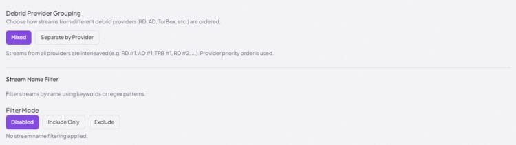 choose debrid provider for mediafusion and filter mode if you prefer