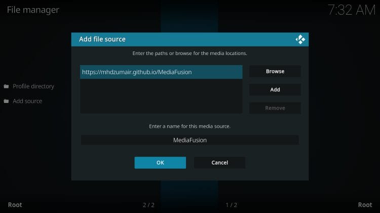 type mediafusion source name and click ok