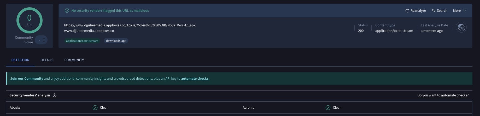 Nova TV APK VirusTotal Scan