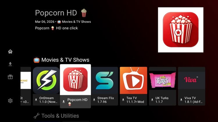 Locate Popcorn HD within the Movies & TV Shows category.