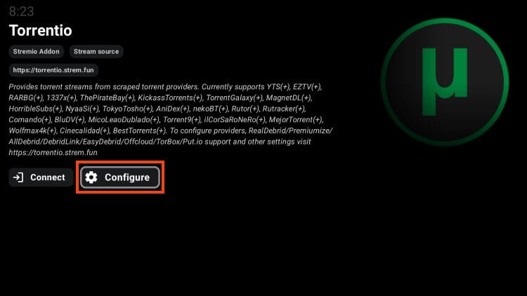 click configure addon for stream cinema app
