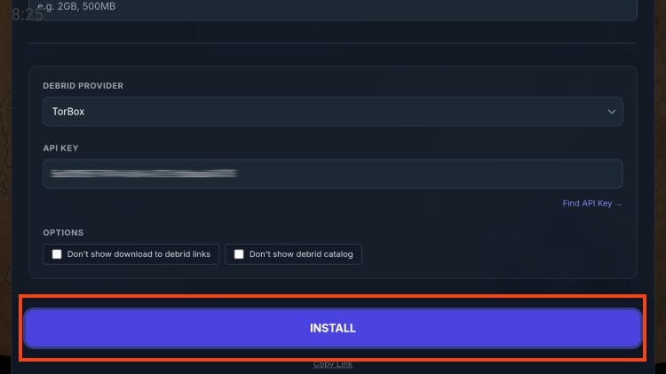 input api key and click install