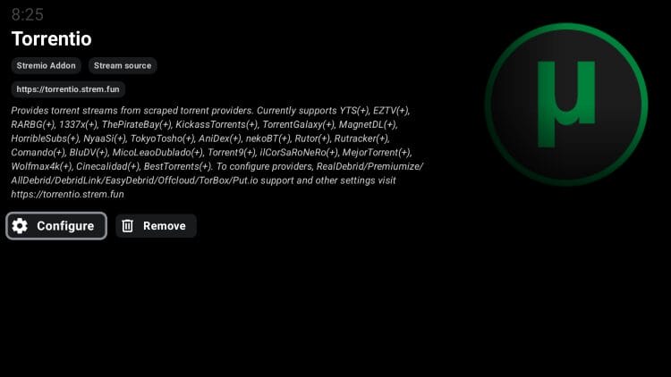 torrentio is now configured and installed on stream cinema