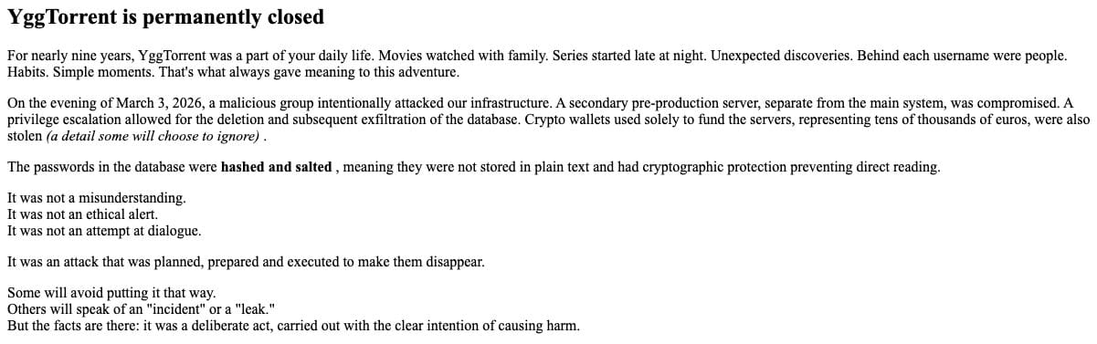 Statement from YGGTorrent Operators