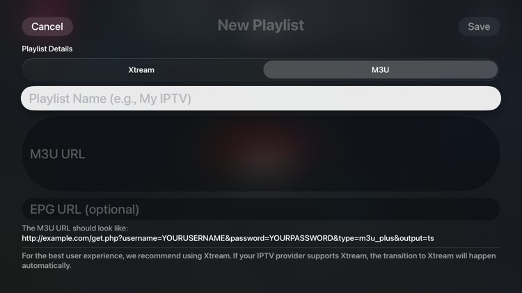 Velg deretter innloggingsmetoden for spillelisten din. Yes IPTV-appen tilbyr pålogginger for M3U-spillelister og Xtream Codes API.