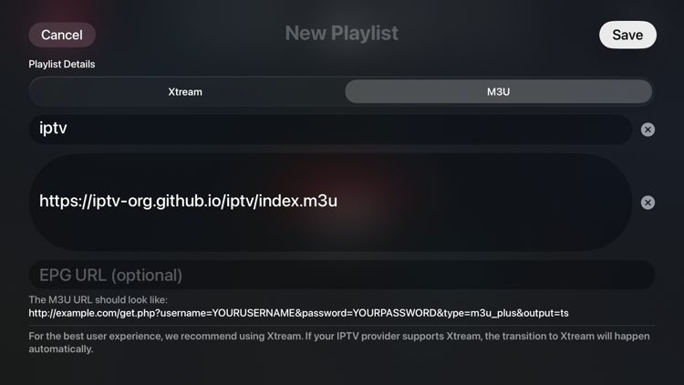Skriv inn påloggingsinformasjonen din og klikk på Lagre. Vi brukte en M3U-spilleliste i dette eksemplet.