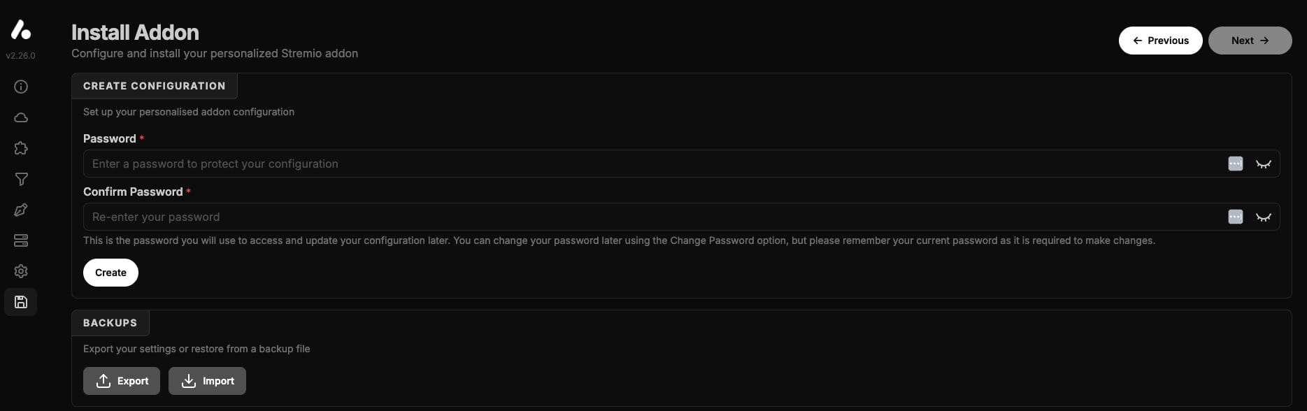 Next click the Install Addon option from the left menu. Here you will need to enter any Password and click Create.