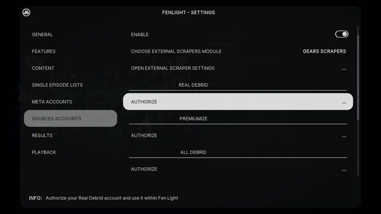 Hover over Sources Accounts and select Authorize under Real-Debrid.