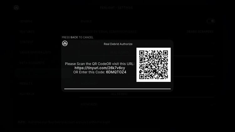 You are then provided with a Real-Debrid authorization code.