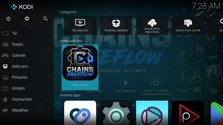 Quindi torna alla schermata iniziale di Kodi e seleziona Componenti aggiuntivi, poi scegli Flusso libero.