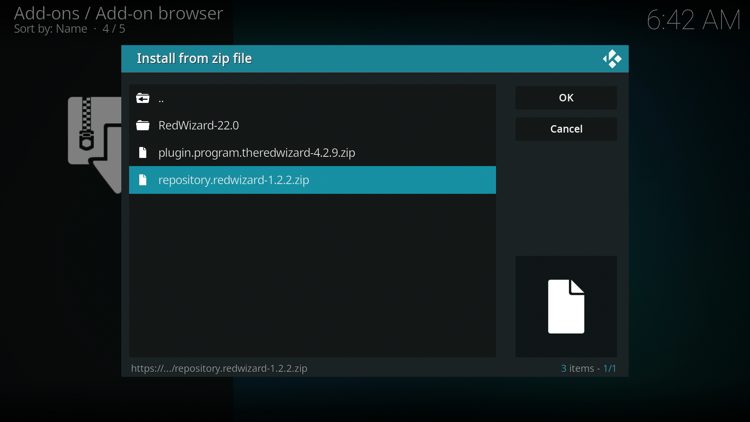 Click the zip file URL - repository.redwizard.zip and click OK.