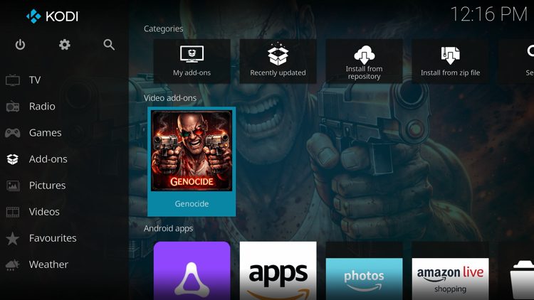 Then go back to the Home screen of Kodi and select Add-ons, then choose Genocide