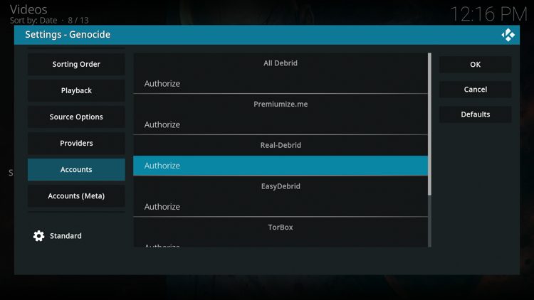 Hover over Accounts on the left menu and click Authorize under Real-Debrid.