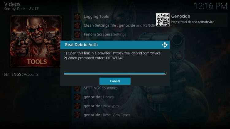 You are then provided with a real-debrid authorization code.