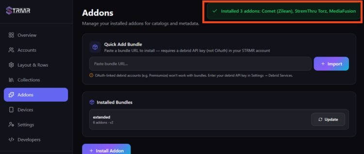addon bundle installed message