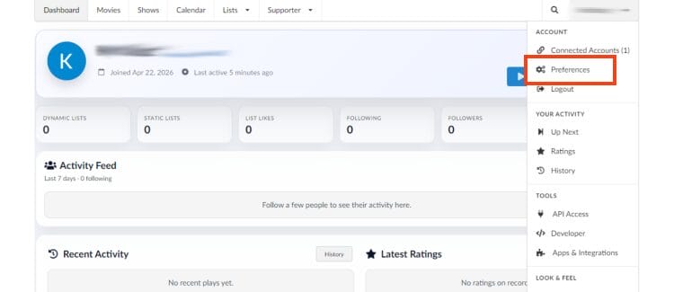 within dashboard, choose preferences