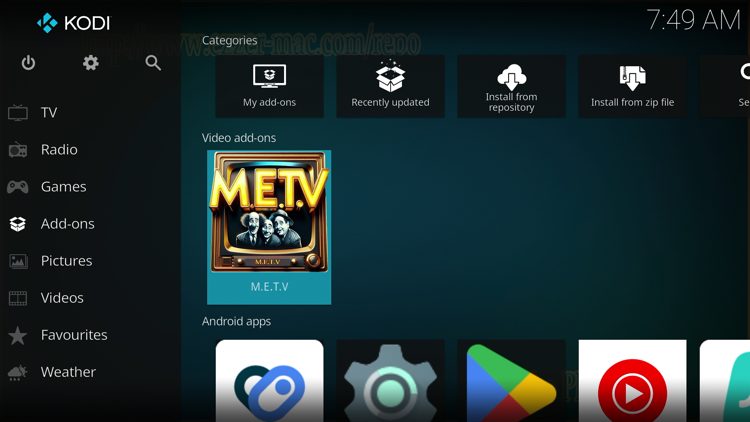 Then go back to the Home screen of Kodi and select Add-ons, then choose METV