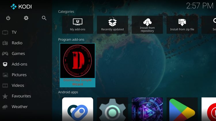 Return back to the home screen of Kodi, hover over Add-ons and click the Doomzday Simple Wizard under Program add-ons.