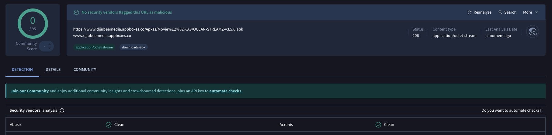 Ocean Streamz APK VirusTotal Scan