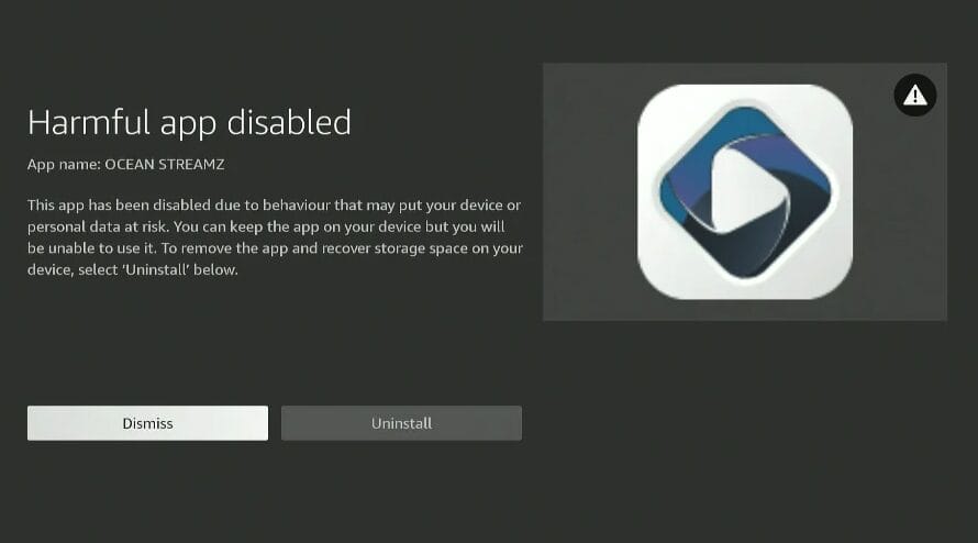 Harmful app disabled message on Fire TV