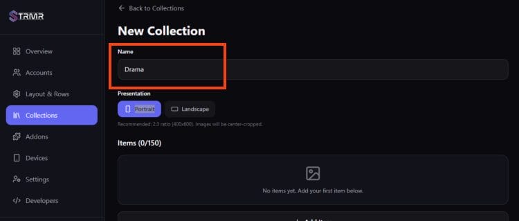 input a strmr collection name