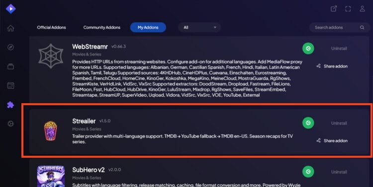 streailer stremio addon installed