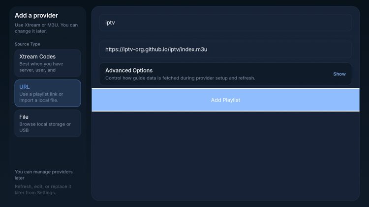 I dette tilfellet la vi til en M3U-spilleliste-URL. Skriv inn navn og URL, og klikk deretter på Legg til spilleliste.