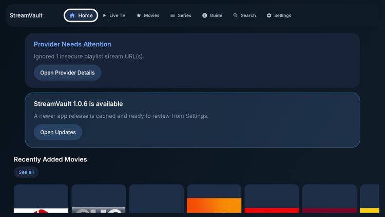 Du blir deretter dirigert til startskjermen til StreamVault, og det er det!