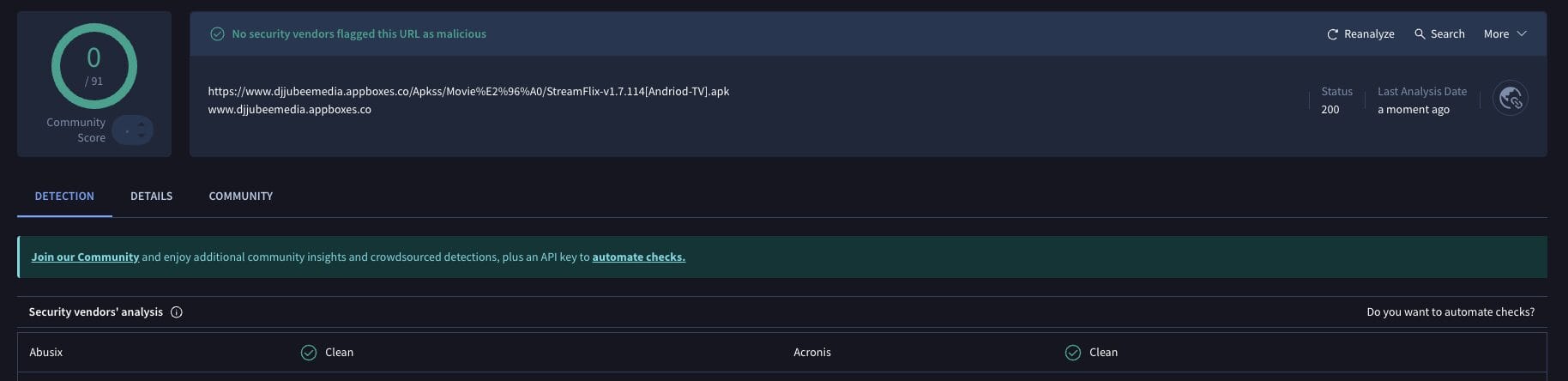 Streamflix APK VirusTotal Scan