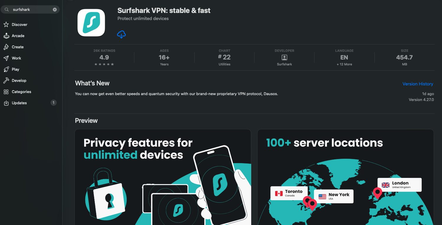 Surfshark VPN App in the Apple App Store