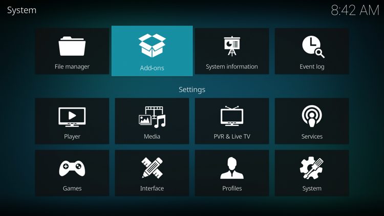 Click the back button on your remote until you are on the System screen. Then click Add-ons