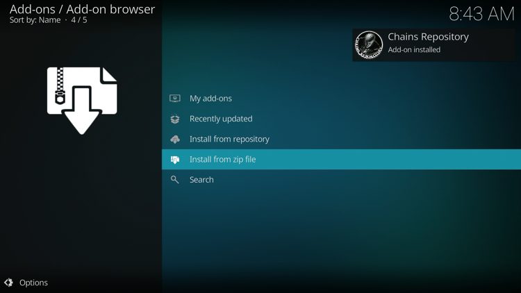 Wait for the "Chains Repository Add-on installed" message to appear