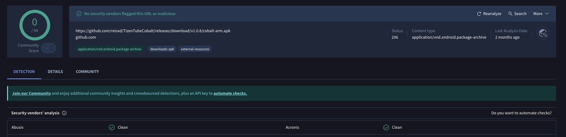TizenTube Cobalt APK VirusTotal Scan
