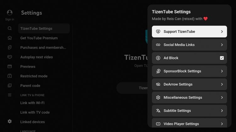 TizenTube Cobalt Settings
