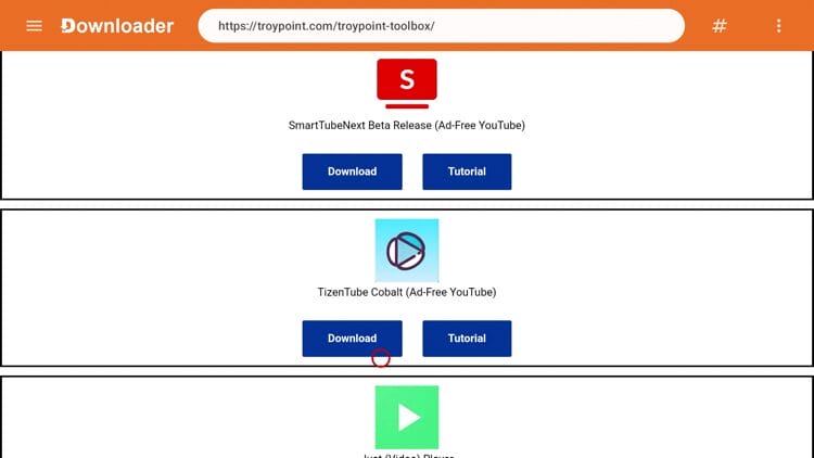 Once in the TP Toolbox, scroll down to locate TizenTube Cobalt and click Download.