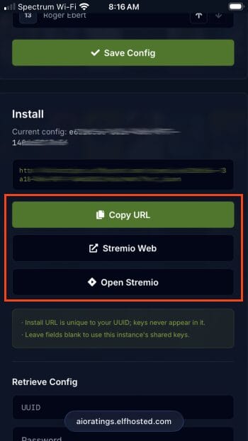 copy url or install aioratings stremio addon