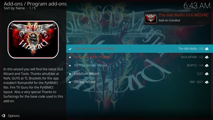 The wizard add-on installed message will now display in the upper right-hand corner.